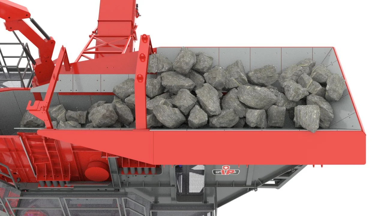 Unité d’alimentation : trémie en tôle anti-usure avec réhausses rabattables