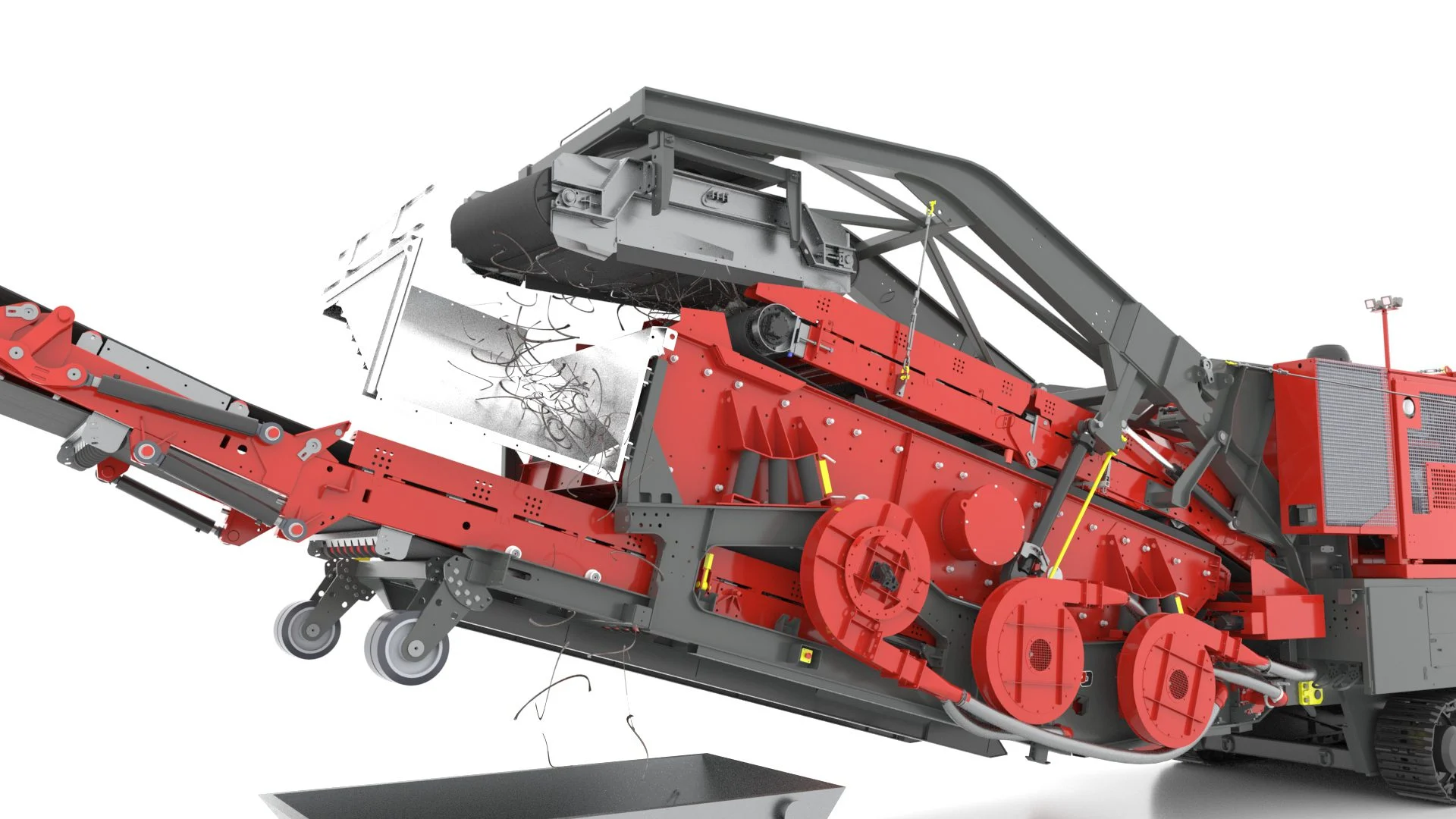 Mobile crushing plant with tracked chassis and folding conveyors, material discharge visible.