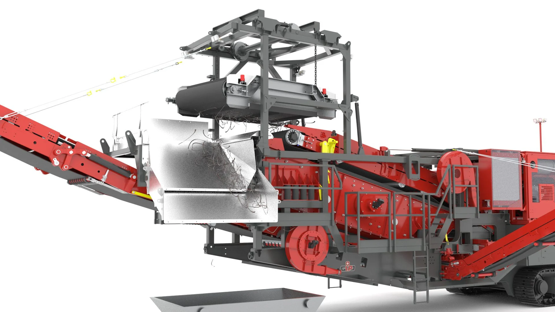 Mobile crusher with integrated magnetic separator and feed hopper, conveyors transporting material.