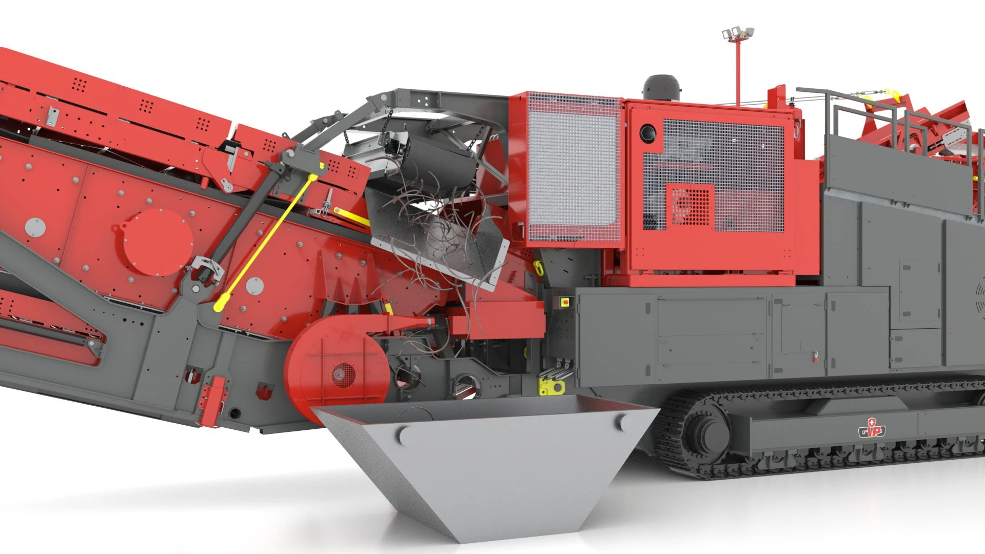 Mobile crushing and screening plant, close-up view of the discharge conveyor and side components.