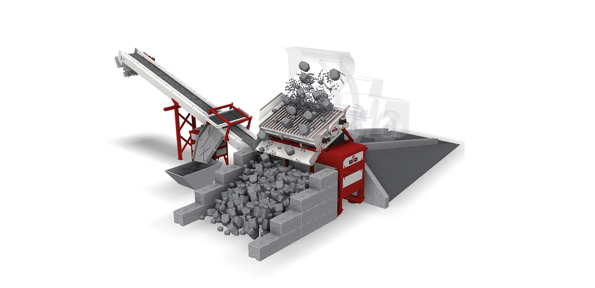 Feed unit in operation: pre-sorting on the tipping grid with oversize rejected, fines conveyed to the plant; stockpiles visible.