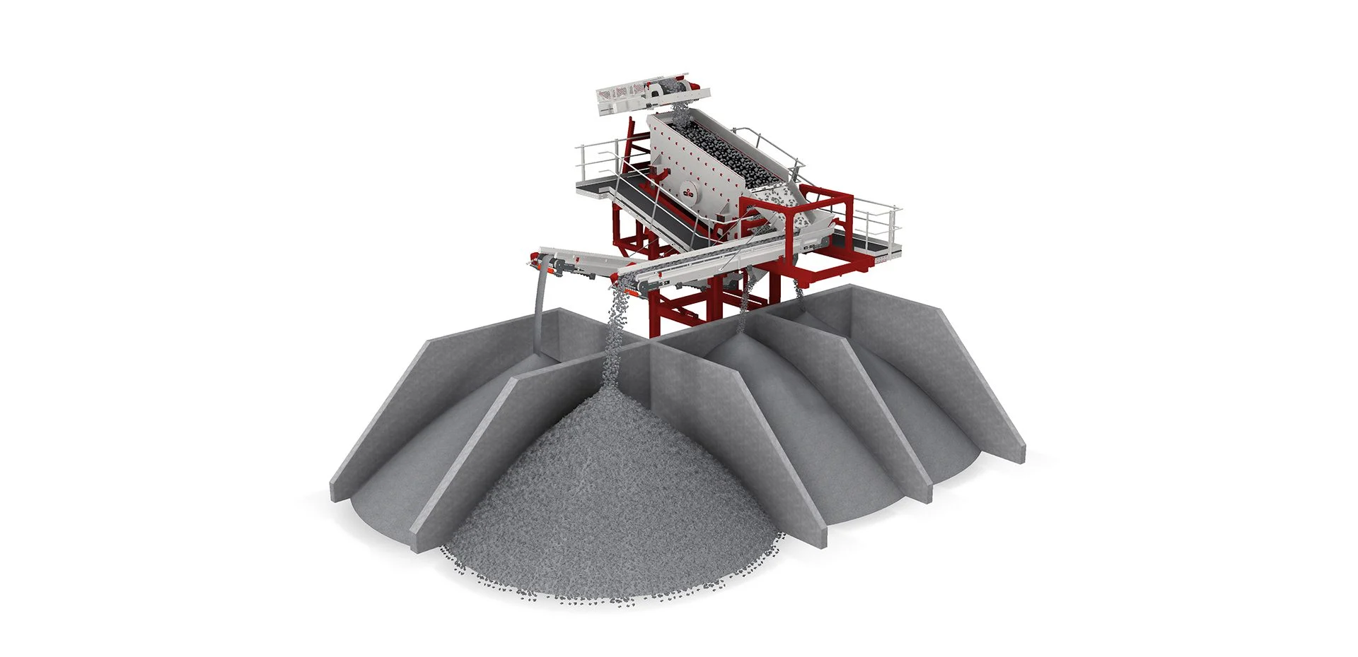 Screening plant with three conveyors, producing several end fractions.