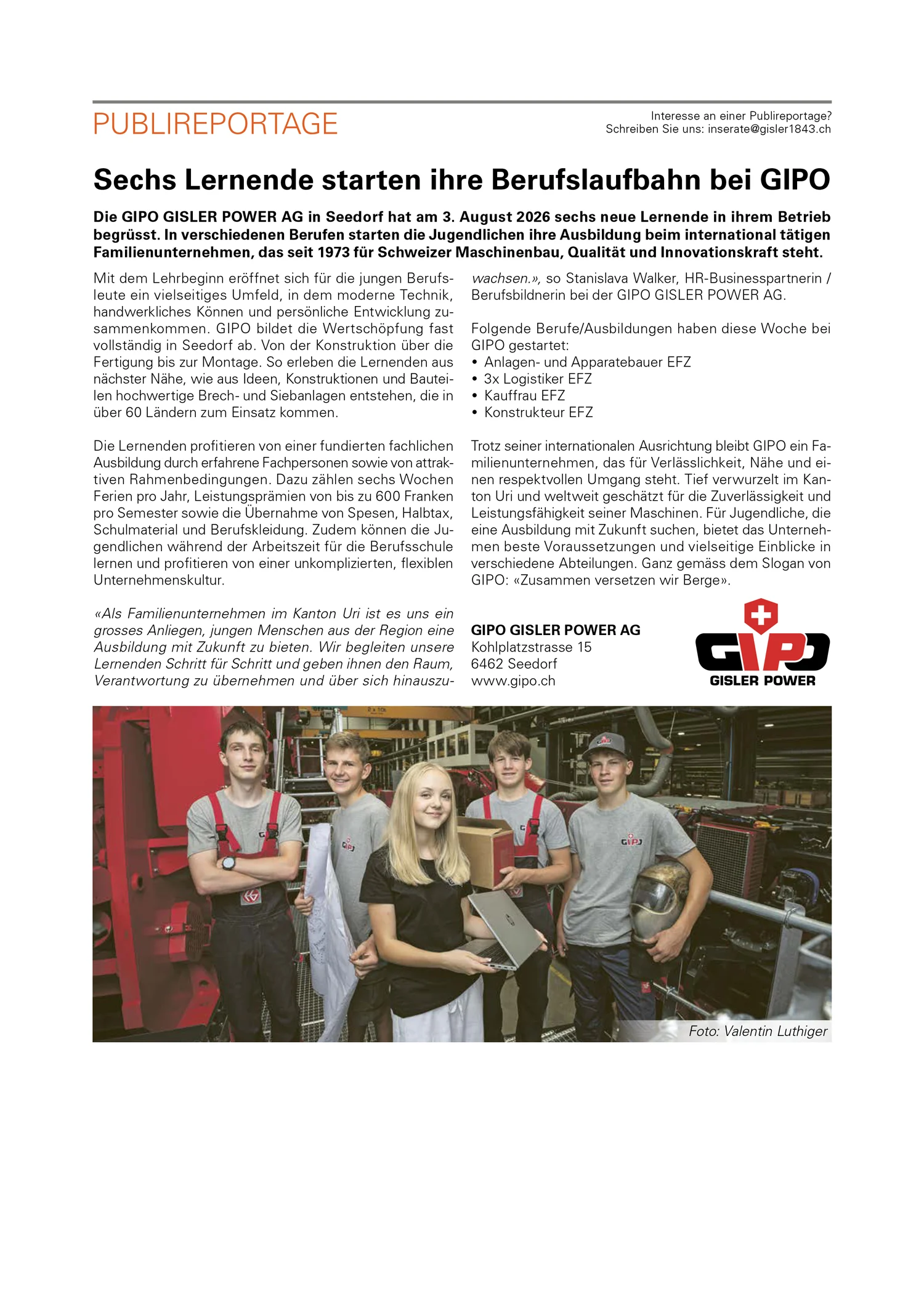 Titelblatt Presse neue Lernende Urner Wochenblatt