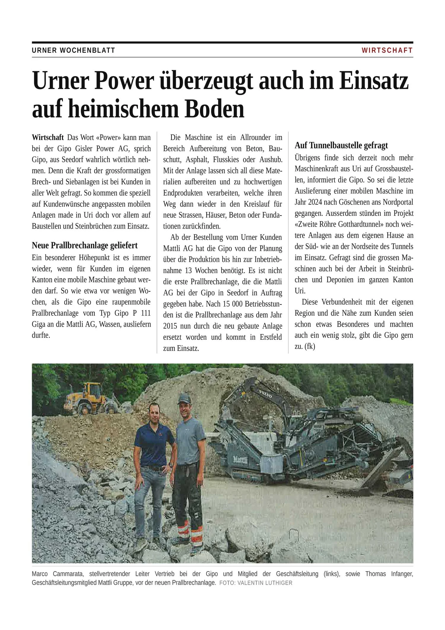 Titelblatt Presse Mattli Urner Wochenblatt